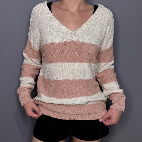 Knox Rose Boho Sweater Pink White Stripe Size: Small - Picture 1 of 5